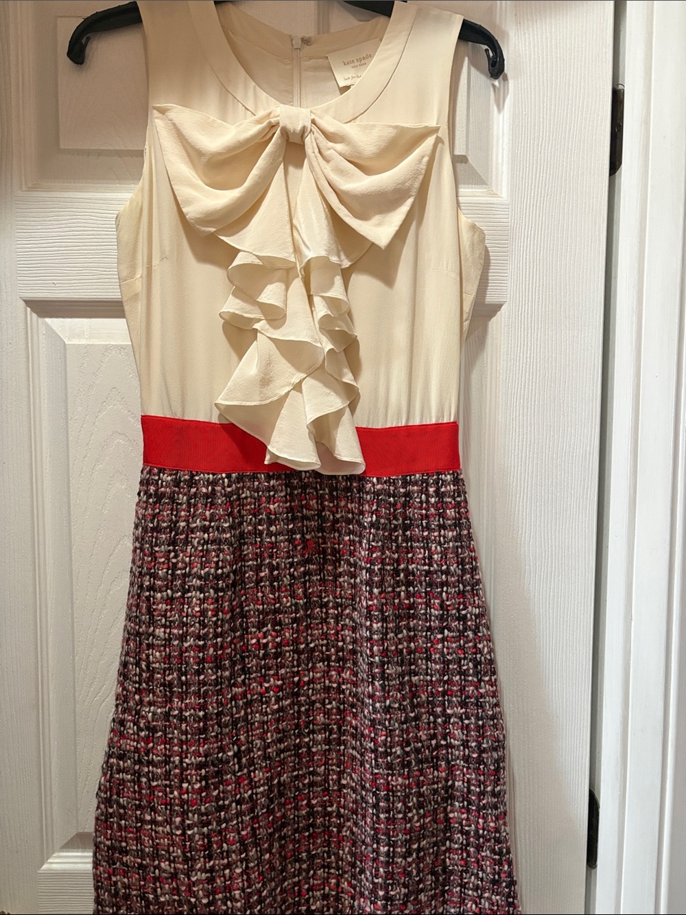 kate spade Cream Bow-Front Ruffle Bodice with Red Waist Tweed Skirt Dress